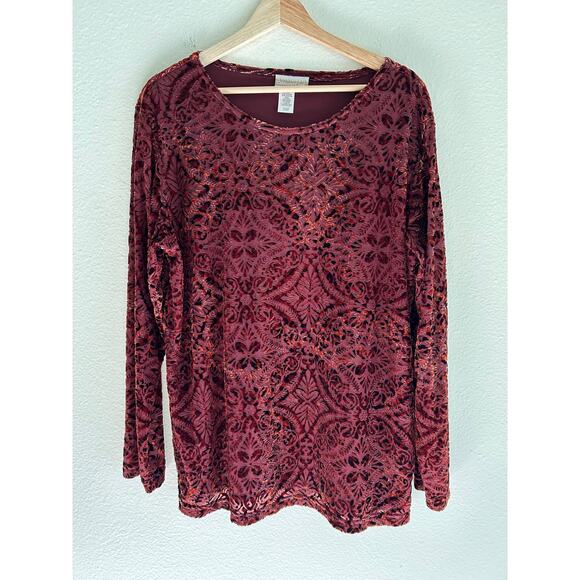 Coldwater Creek Tunic Velvet Burnout Shirt Burgundy Multi Whimsy Floral - Picture 4 of 9